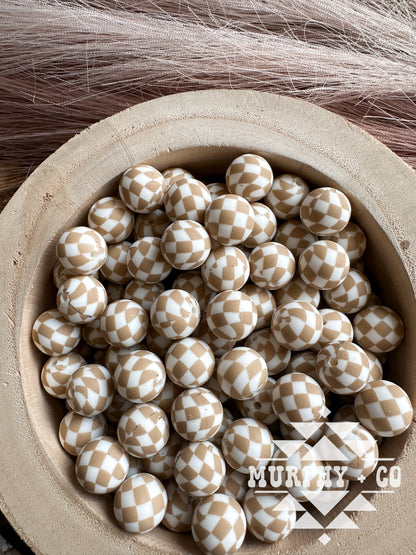 15MM CUSTOM NEUTRAL TAN CHECKER PRINT BEADS