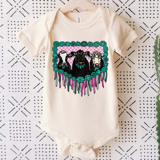 INFANT- TURQUOISE COW BODY SUIT OR BUBBLE ROMPER