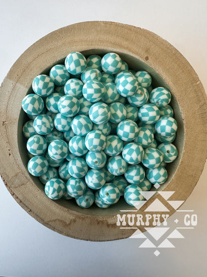 15MM CUSTOM *LIGHT* TURQUOISE CHECKER PRINT BEADS