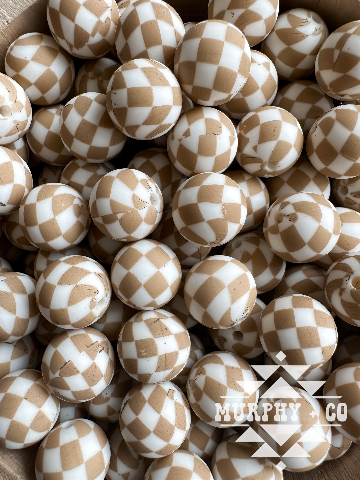 15MM CUSTOM NEUTRAL TAN CHECKER PRINT BEADS