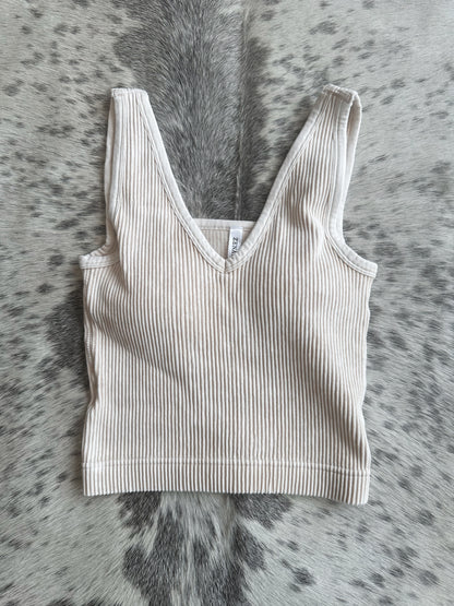 RIBBED CROPPED BRA (PADDED) - SAND BEIGE