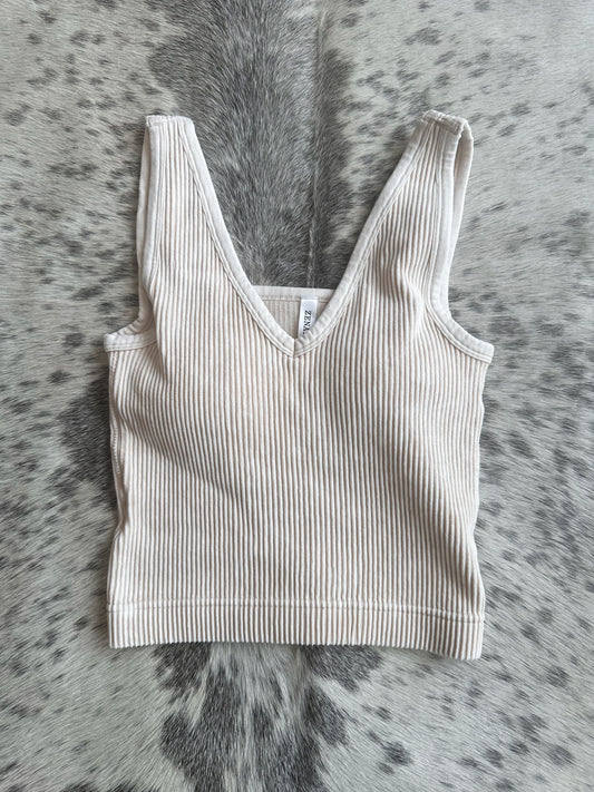 RIBBED CROPPED BRA (PADDED) - SAND BEIGE