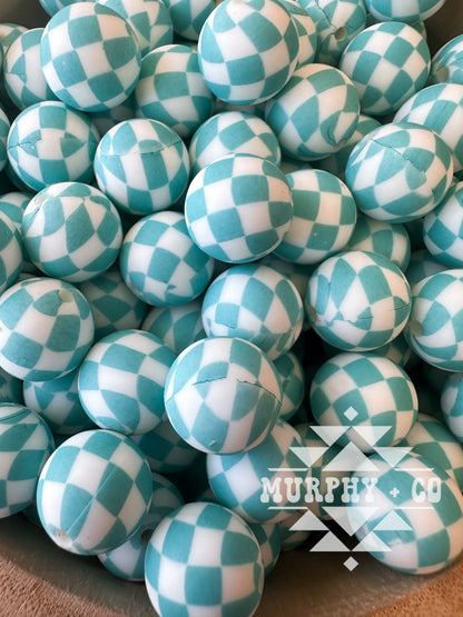 15MM CUSTOM *LIGHT* TURQUOISE CHECKER PRINT BEADS