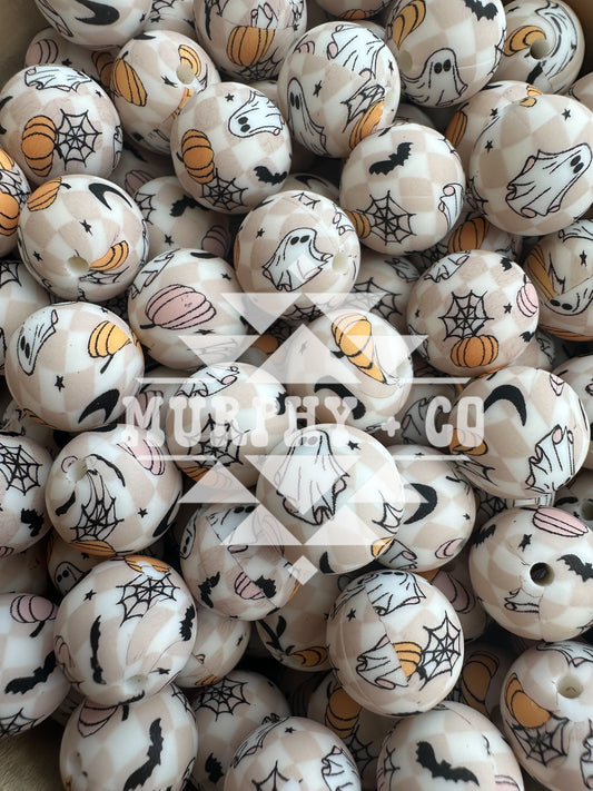 15MM CUSTOM GHOST PUMPKIN CHECKER PRINT BEADS