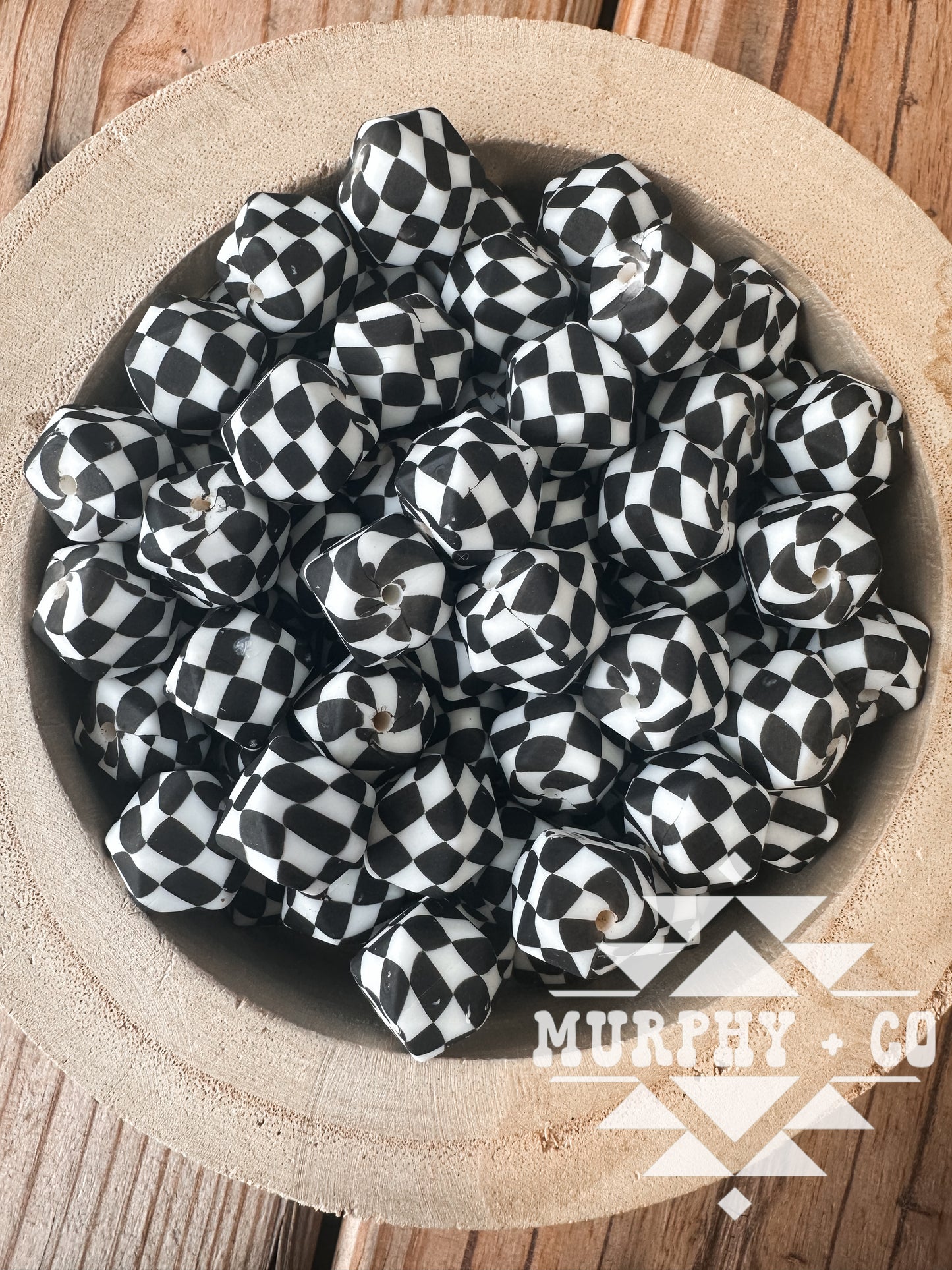 14MM HEXAGON CUSTOM BLACK CHECKER BEADS